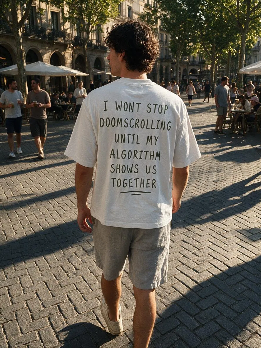 Doomscroll 'Away' Tee worn in a plaza, Barcelona