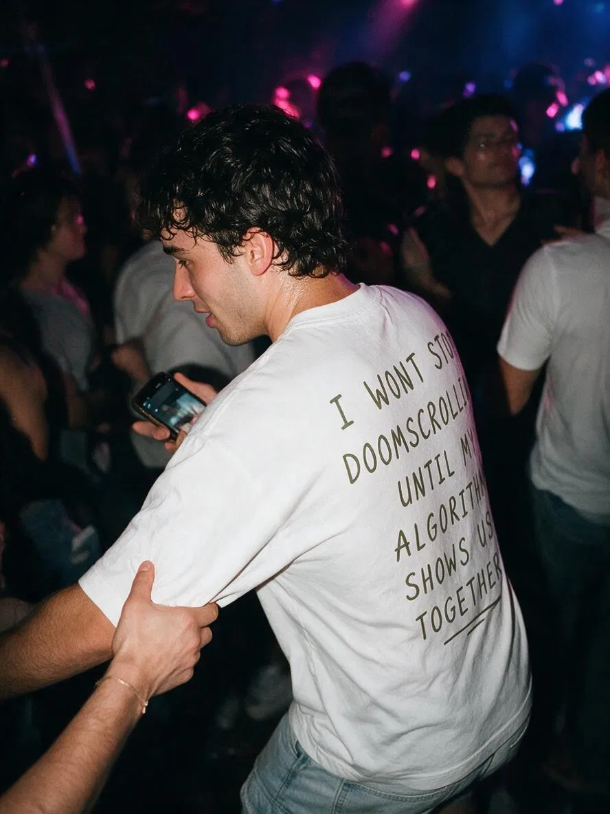 Doomscroll 'Away' Tee worn at a club, pulled by a friend