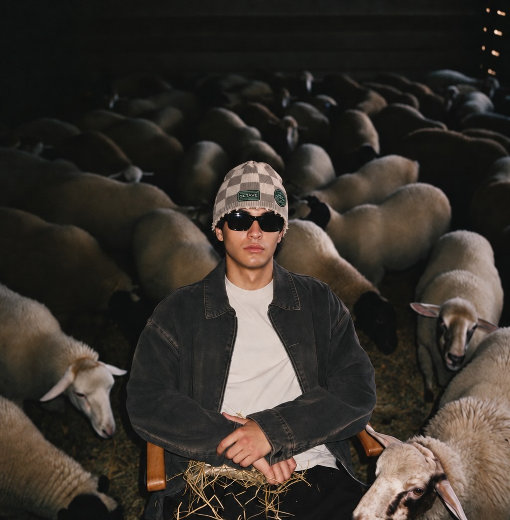 OCTAVE Theory model wearing the new checkered beanie in a barn, surrounded by sheep